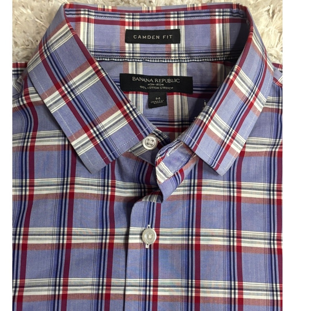 Banana Republic Mens Camden Fit Non-Iron Cotton Stretch Plaid Shirt Blue Red M